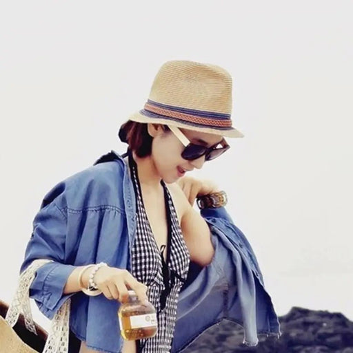 2018 Summer Jazz Women Straw Hat Beach Men Sun Hat Casual Panama Male Cap Hemp Rope Patchwork Striped Straw Hat Visor Cap - CLICK TIK