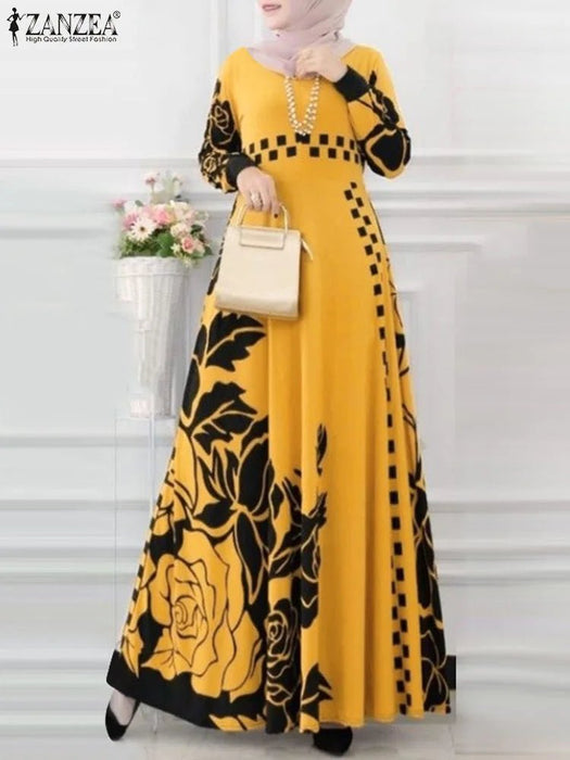 2024 ZANZEA Women Spring Maxi Dress Vintage Long Sleeve Floral Printed Sundress Islamic Cloth Casual Muslim Abaya Hijab Vestido - CLICK TIK