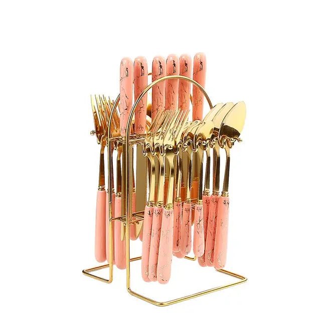 24 pcs cutlery c handle stainless steel knife fork spoon and spoon with shelving gold silver cutlery set dinnerware set - CLICK TIK