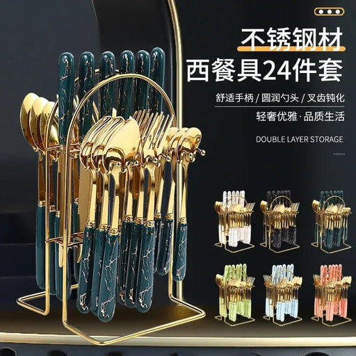 24 pcs cutlery c handle stainless steel knife fork spoon and spoon with shelving gold silver cutlery set dinnerware set - CLICK TIK