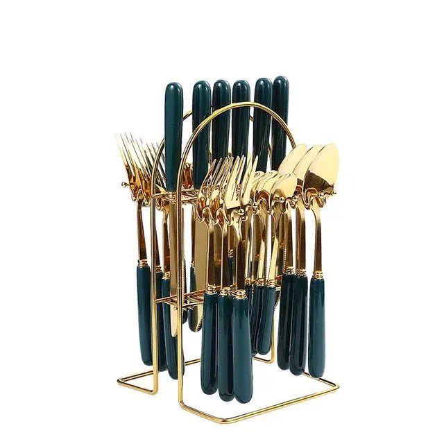 24 pcs cutlery c handle stainless steel knife fork spoon and spoon with shelving gold silver cutlery set dinnerware set - CLICK TIK