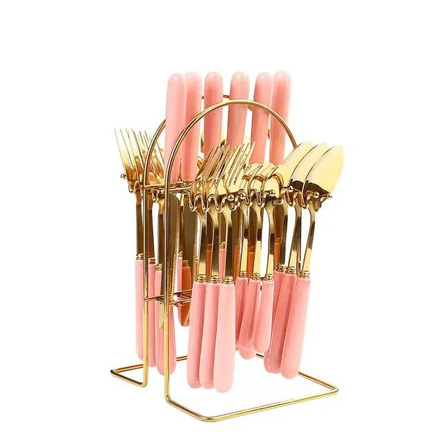 24 pcs cutlery c handle stainless steel knife fork spoon and spoon with shelving gold silver cutlery set dinnerware set - CLICK TIK