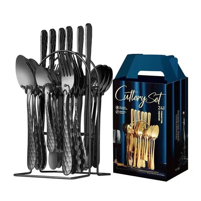 24 pcs cutlery c handle stainless steel knife fork spoon and spoon with shelving gold silver cutlery set dinnerware set - CLICK TIK