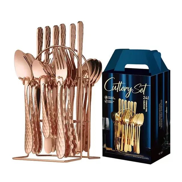 24 pcs cutlery c handle stainless steel knife fork spoon and spoon with shelving gold silver cutlery set dinnerware set - CLICK TIK