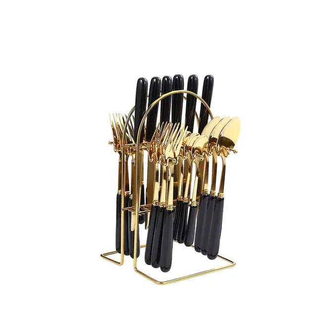 24 pcs cutlery c handle stainless steel knife fork spoon and spoon with shelving gold silver cutlery set dinnerware set - CLICK TIK