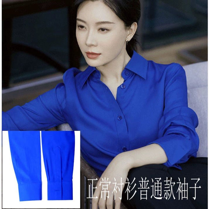 Chen Shu Same Style as Stars Royal Blue Shirts Women's Long - Sleeved Silk Stretch Satin Professional Shirt Mulberry Silk All - Matching OL - CLICK TIK
