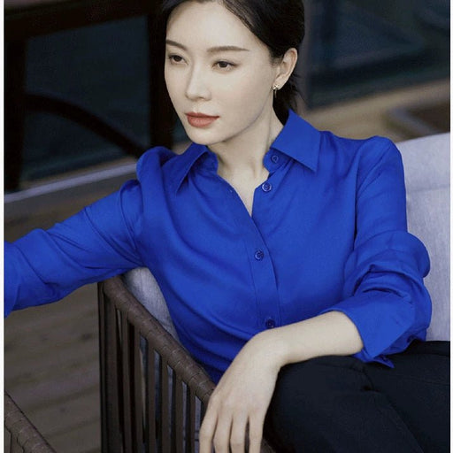 Chen Shu Same Style as Stars Royal Blue Shirts Women's Long - Sleeved Silk Stretch Satin Professional Shirt Mulberry Silk All - Matching OL - CLICK TIK