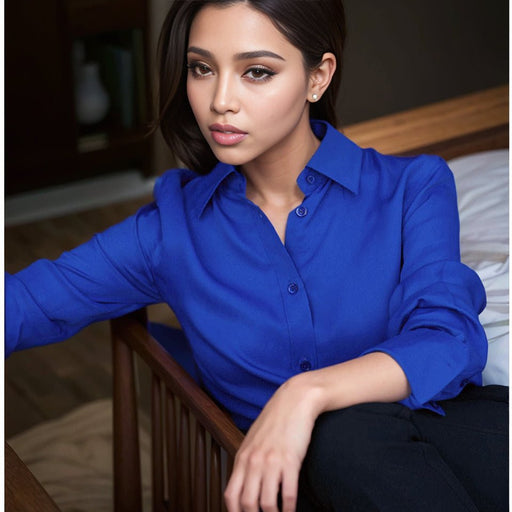 Chen Shu Same Style as Stars Royal Blue Shirts Women's Long - Sleeved Silk Stretch Satin Professional Shirt Mulberry Silk All - Matching OL - CLICK TIK