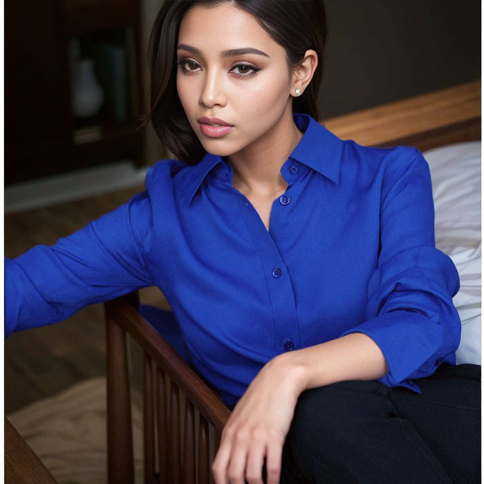 Chen Shu Same Style as Stars Royal Blue Shirts Women's Long - Sleeved Silk Stretch Satin Professional Shirt Mulberry Silk All - Matching OL - CLICK TIK