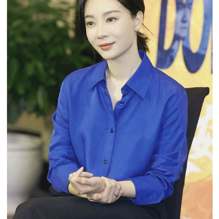 Chen Shu Same Style as Stars Royal Blue Shirts Women's Long - Sleeved Silk Stretch Satin Professional Shirt Mulberry Silk All - Matching OL - CLICK TIK