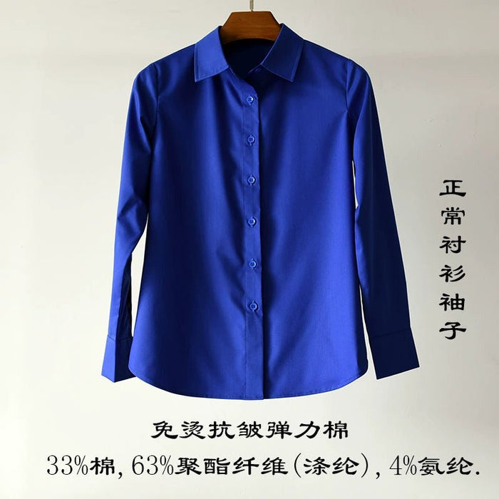 Chen Shu Same Style as Stars Royal Blue Shirts Women's Long - Sleeved Silk Stretch Satin Professional Shirt Mulberry Silk All - Matching OL - CLICK TIK