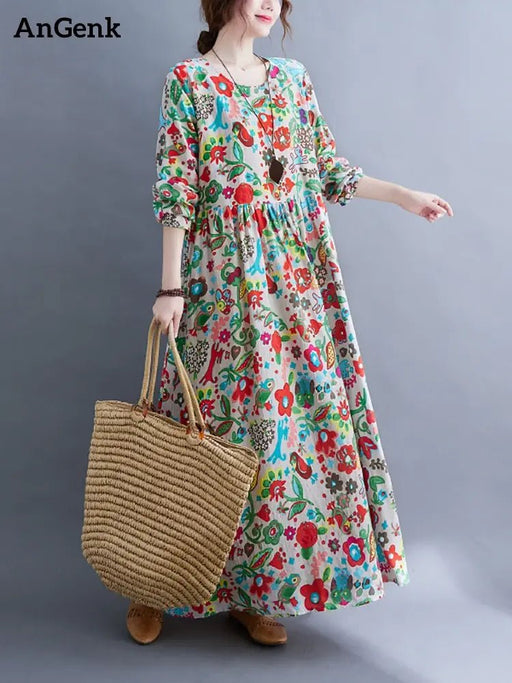 Cotton Vintage Floral Print Long Sleeve Spring Autumn Dresses For Women 2024 Casual Loose Elegant Dress Beach Robe Longue Femme - CLICK TIK