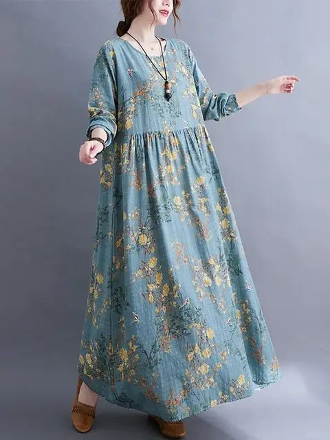 Cotton Vintage Floral Print Long Sleeve Spring Autumn Dresses For Women 2024 Casual Loose Elegant Dress Beach Robe Longue Femme - CLICK TIK