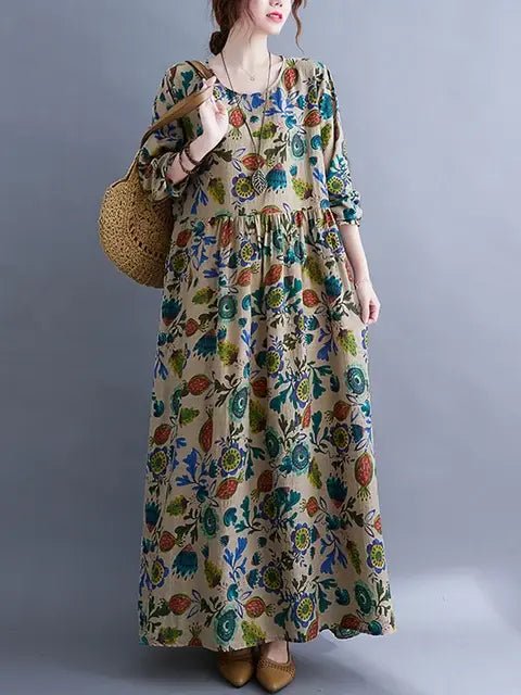Cotton Vintage Floral Print Long Sleeve Spring Autumn Dresses For Women 2024 Casual Loose Elegant Dress Beach Robe Longue Femme - CLICK TIK