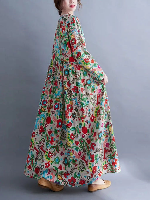 Cotton Vintage Floral Print Long Sleeve Spring Autumn Dresses For Women 2024 Casual Loose Elegant Dress Beach Robe Longue Femme - CLICK TIK