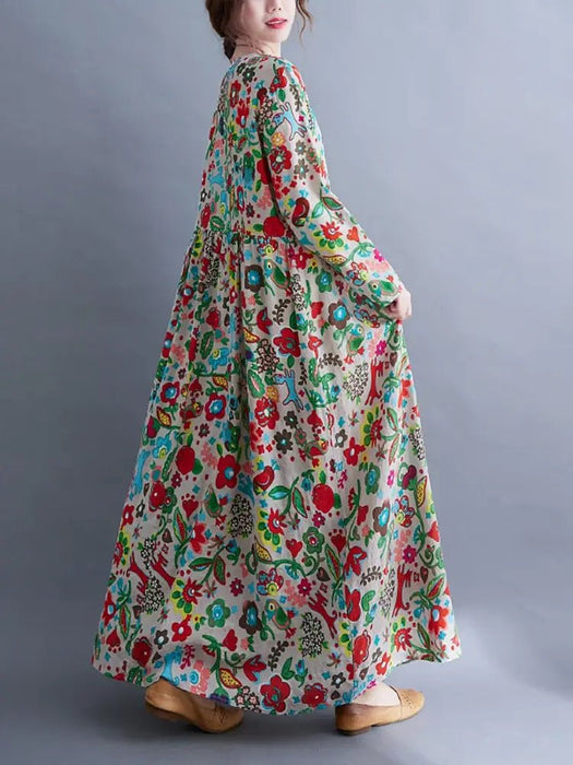 Cotton Vintage Floral Print Long Sleeve Spring Autumn Dresses For Women 2024 Casual Loose Elegant Dress Beach Robe Longue Femme - CLICK TIK