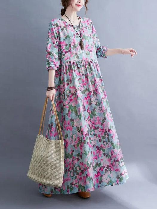 Cotton Vintage Floral Print Long Sleeve Spring Autumn Dresses For Women 2024 Casual Loose Elegant Dress Beach Robe Longue Femme - CLICK TIK