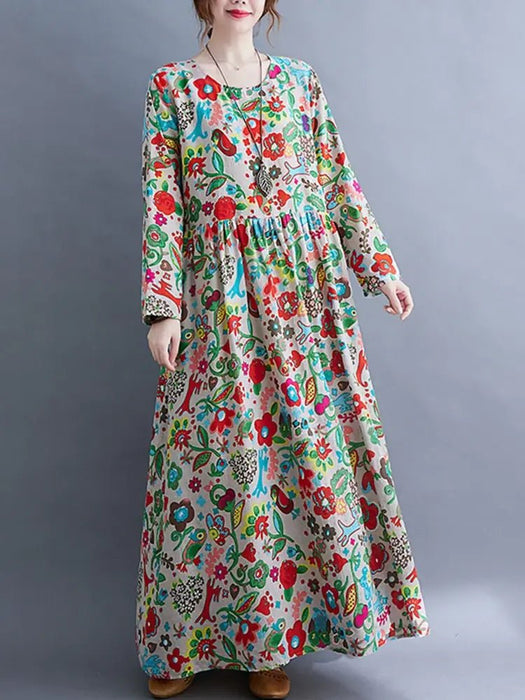 Cotton Vintage Floral Print Long Sleeve Spring Autumn Dresses For Women 2024 Casual Loose Elegant Dress Beach Robe Longue Femme - CLICK TIK