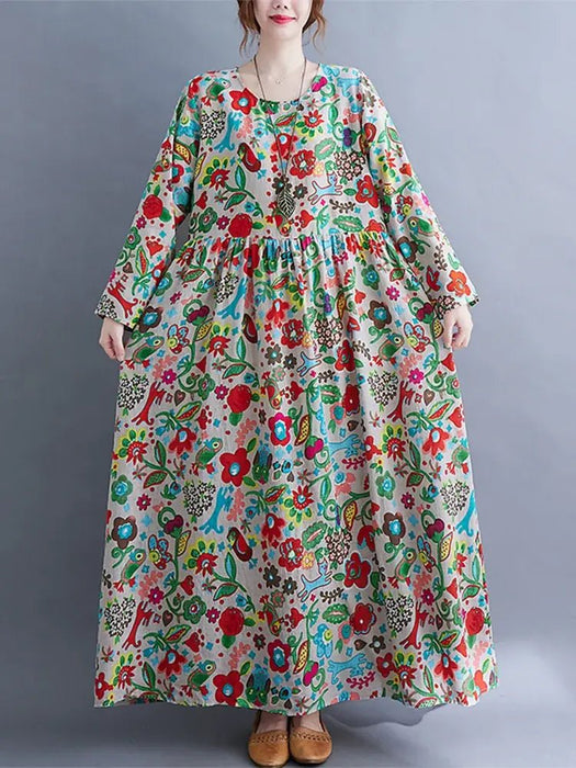 Cotton Vintage Floral Print Long Sleeve Spring Autumn Dresses For Women 2024 Casual Loose Elegant Dress Beach Robe Longue Femme - CLICK TIK