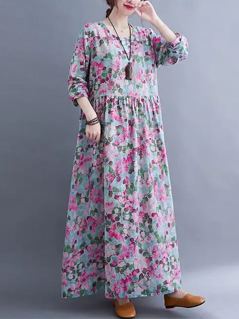 Cotton Vintage Floral Print Long Sleeve Spring Autumn Dresses For Women 2024 Casual Loose Elegant Dress Beach Robe Longue Femme - CLICK TIK
