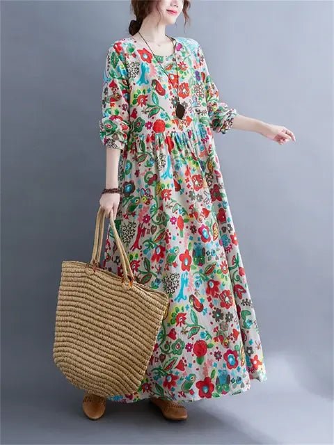 Cotton Vintage Floral Print Long Sleeve Spring Autumn Dresses For Women 2024 Casual Loose Elegant Dress Beach Robe Longue Femme - CLICK TIK