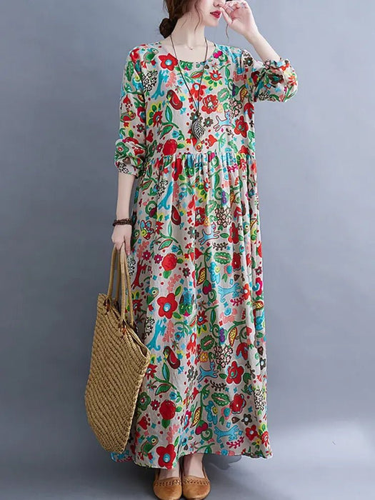 Cotton Vintage Floral Print Long Sleeve Spring Autumn Dresses For Women 2024 Casual Loose Elegant Dress Beach Robe Longue Femme - CLICK TIK