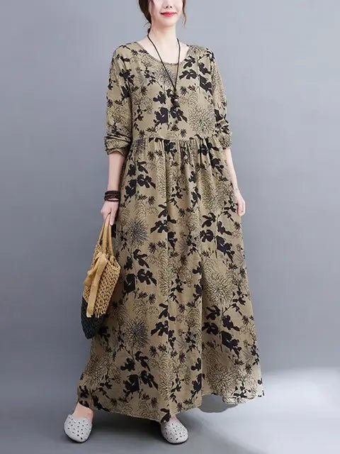Cotton Vintage Floral Print Long Sleeve Spring Autumn Dresses For Women 2024 Casual Loose Elegant Dress Beach Robe Longue Femme - CLICK TIK