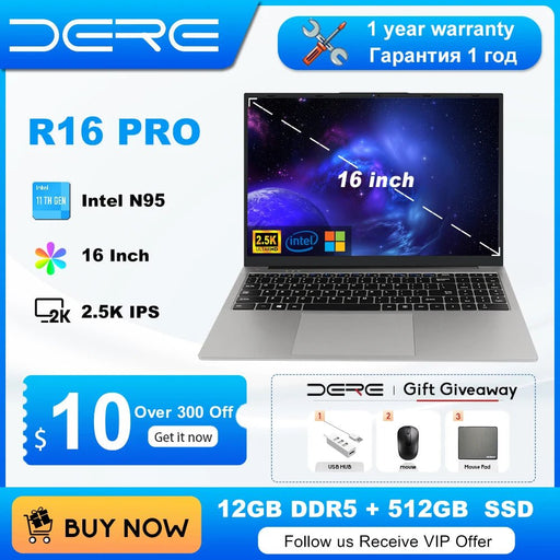 Dere R16 Pro Laptop 16 - inch IPS 12GB RAM 512GB SSD Intel Celeron N95 Dual - Band WiFi Business Office Computer Window 11 Notebook - CLICK TIK