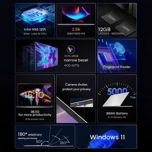 Dere R16 Pro Laptop 16 - inch IPS 12GB RAM 512GB SSD Intel Celeron N95 Dual - Band WiFi Business Office Computer Window 11 Notebook - CLICK TIK