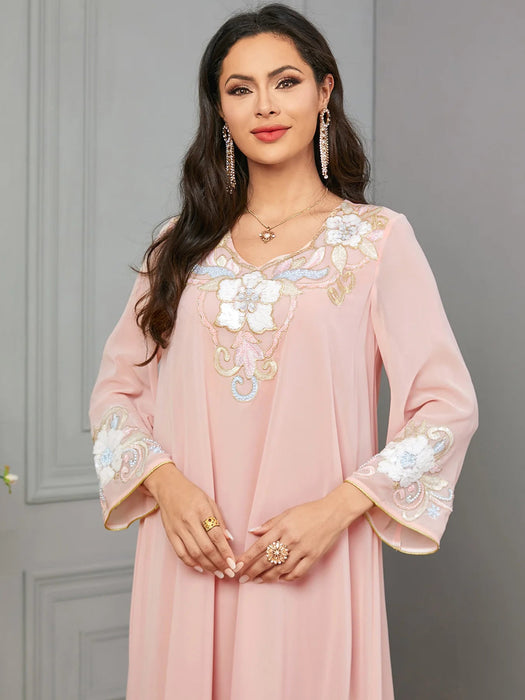 Eid Muslim Party Dress for Women Ramadan Abaya Long Dress Pink Elbise Morocco Kaftan Vestidos Largos Dubai Robe Jalabiya 2024 - CLICK TIK