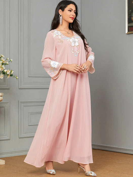 Eid Muslim Party Dress for Women Ramadan Abaya Long Dress Pink Elbise Morocco Kaftan Vestidos Largos Dubai Robe Jalabiya 2024 - CLICK TIK