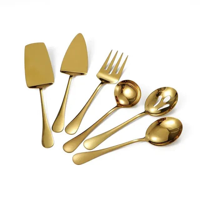 Gold Stainless Steel Western Serving Tableware Fork Spoon Shovel Set Portable Cutlery Dinnerware for Steak Kitchen Utensils - CLICK TIK