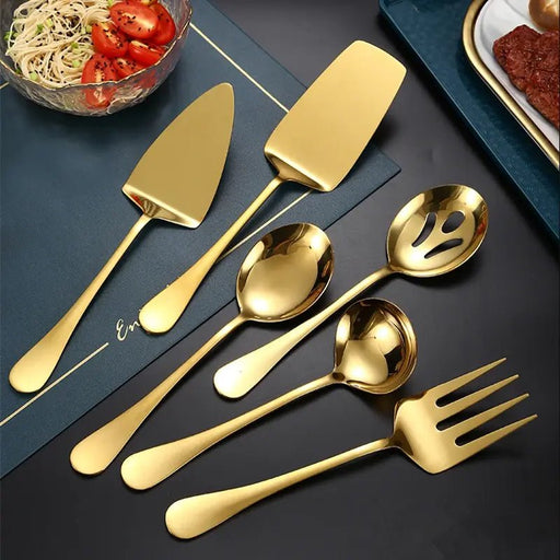 Gold Stainless Steel Western Serving Tableware Fork Spoon Shovel Set Portable Cutlery Dinnerware for Steak Kitchen Utensils - CLICK TIK
