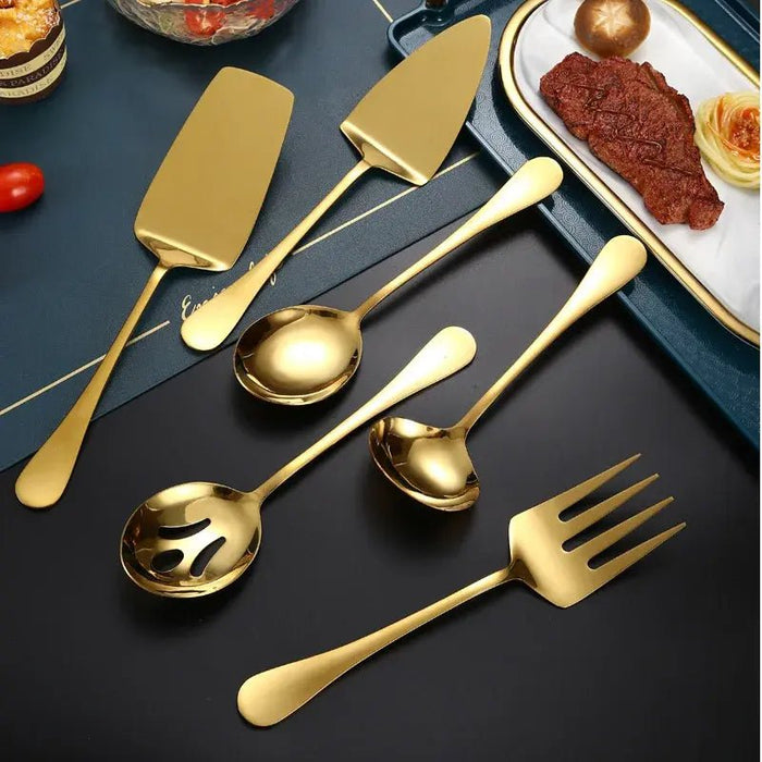 Gold Stainless Steel Western Serving Tableware Fork Spoon Shovel Set Portable Cutlery Dinnerware for Steak Kitchen Utensils - CLICK TIK