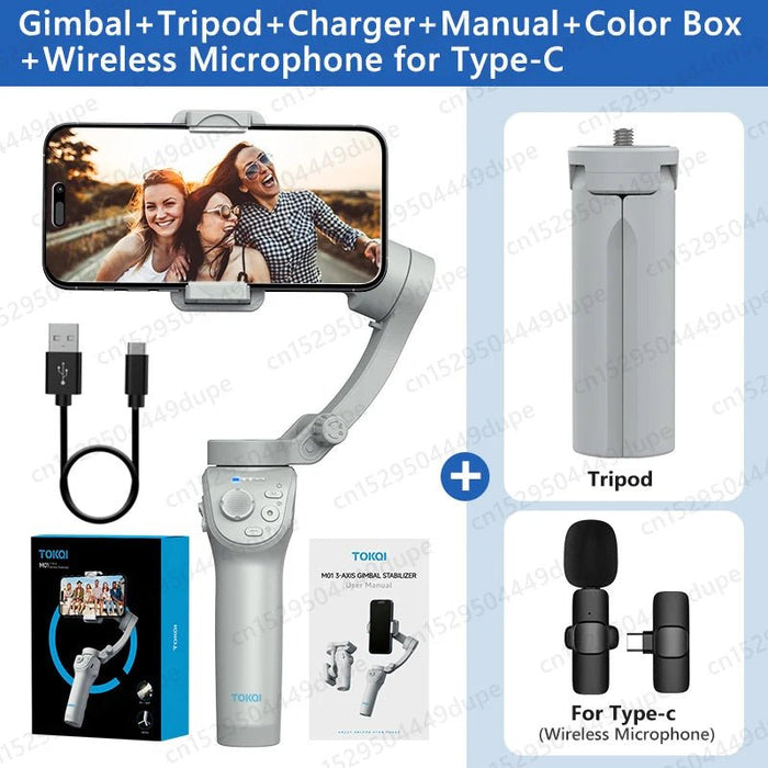 Handheld Gimbal Stabilizer Selfie Tripod with Fill Light for Smartphone 3 - Axis Anti Shake Gimbal Foldable for Xiaomi iPhone - CLICK TIK