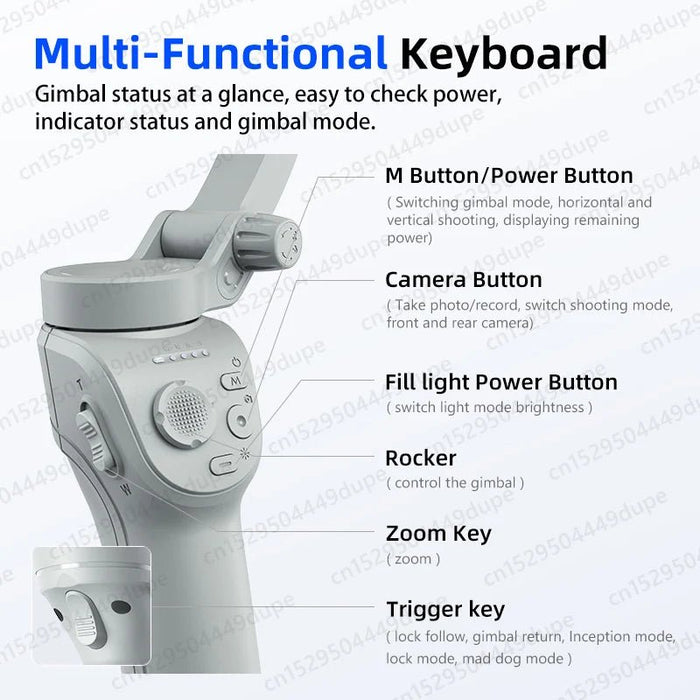 Handheld Gimbal Stabilizer Selfie Tripod with Fill Light for Smartphone 3 - Axis Anti Shake Gimbal Foldable for Xiaomi iPhone - CLICK TIK