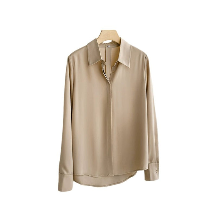 Imitation Acetate Shirt Loose Mocha Coffee Color Early Autumn Satin - CLICK TIK