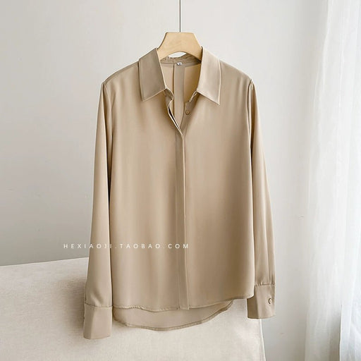 Imitation Acetate Shirt Loose Mocha Coffee Color Early Autumn Satin - CLICK TIK