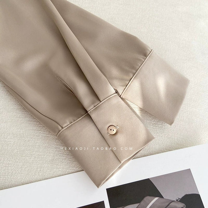 Imitation Acetate Shirt Loose Mocha Coffee Color Early Autumn Satin - CLICK TIK
