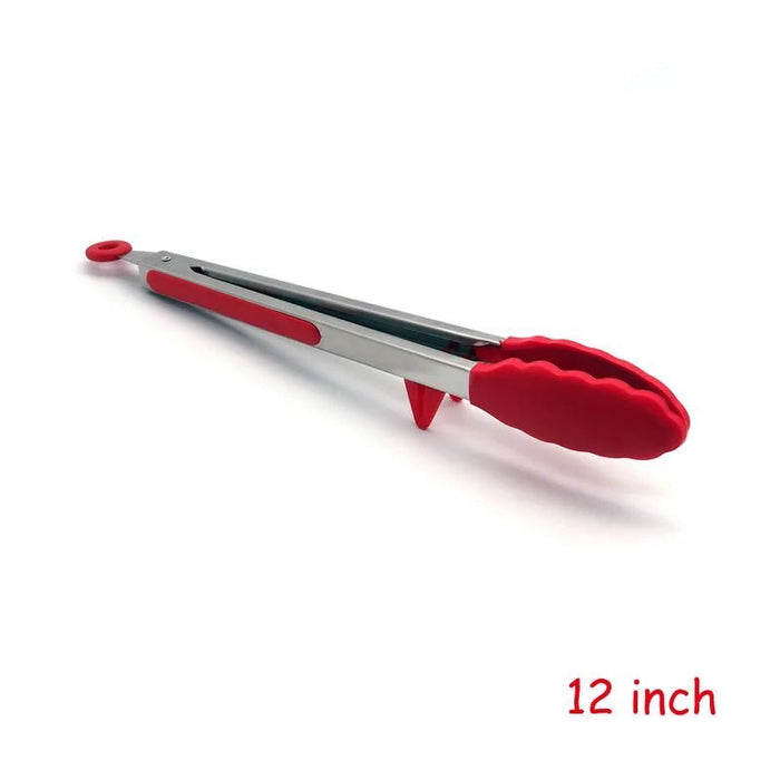 LMETJMA Kitchen Cooking Tongs Heat Resistant Stainless Steel BBQ Tong with Silicone Tips and Stand Design For Salad Grill KC0254 - CLICK TIK