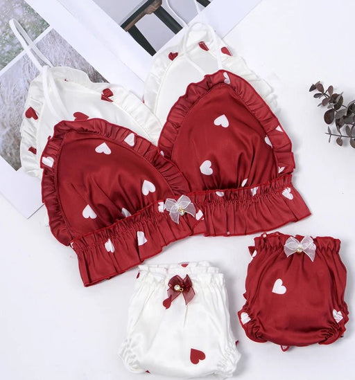 Love Heart Girls Women's Cute Bra & Panties Set Ruffles Trim Wirefree Milk Silk Soft Underwear Sleep Intimates Set Kawaii Lolita - CLICK TIK