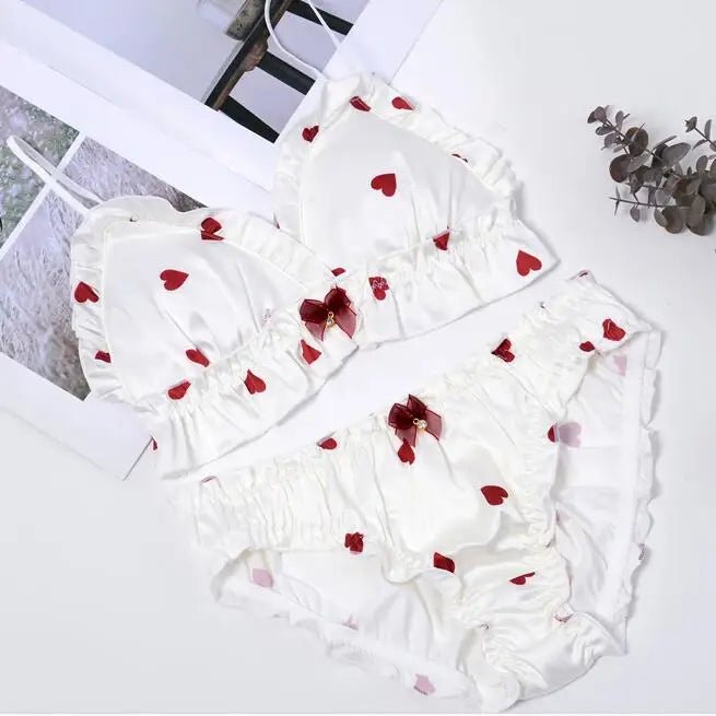 Love Heart Girls Women's Cute Bra & Panties Set Ruffles Trim Wirefree Milk Silk Soft Underwear Sleep Intimates Set Kawaii Lolita - CLICK TIK