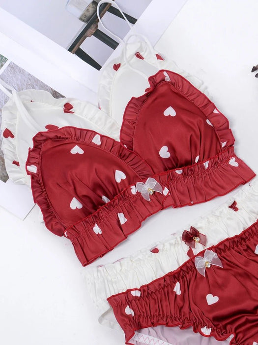 Love Heart Girls Women's Cute Bra & Panties Set Ruffles Trim Wirefree Milk Silk Soft Underwear Sleep Intimates Set Kawaii Lolita - CLICK TIK