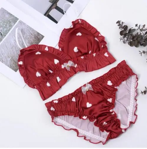 Love Heart Girls Women's Cute Bra & Panties Set Ruffles Trim Wirefree Milk Silk Soft Underwear Sleep Intimates Set Kawaii Lolita - CLICK TIK