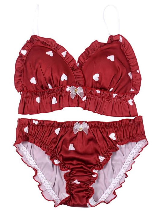 Love Heart Girls Women's Cute Bra & Panties Set Ruffles Trim Wirefree Milk Silk Soft Underwear Sleep Intimates Set Kawaii Lolita - CLICK TIK