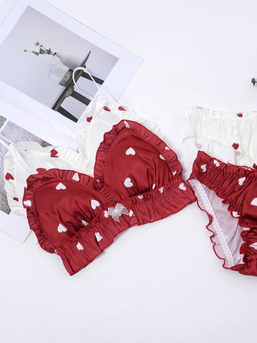 Love Heart Girls Women's Cute Bra & Panties Set Ruffles Trim Wirefree Milk Silk Soft Underwear Sleep Intimates Set Kawaii Lolita - CLICK TIK