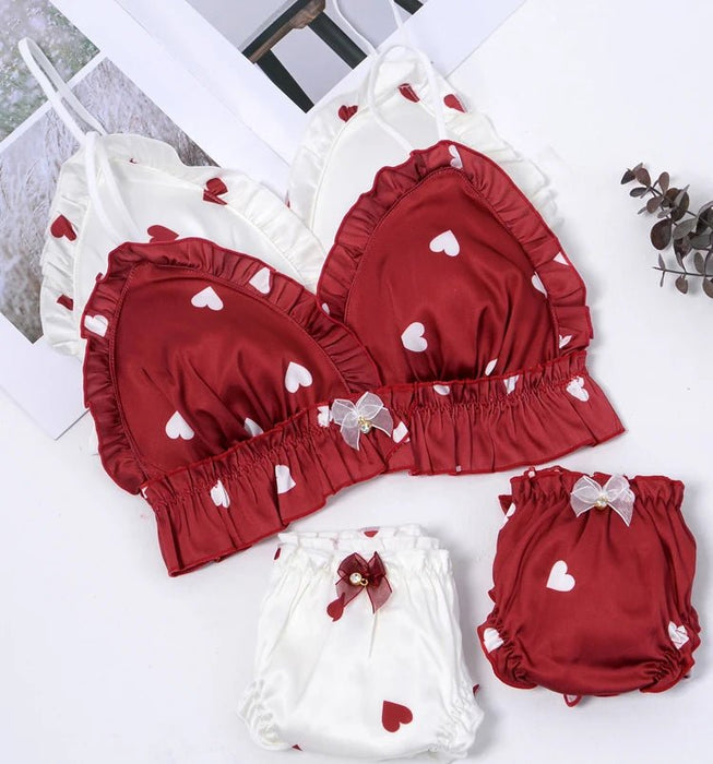 Love Heart Girls Women's Cute Bra & Panties Set Ruffles Trim Wirefree Milk Silk Soft Underwear Sleep Intimates Set Kawaii Lolita - CLICK TIK