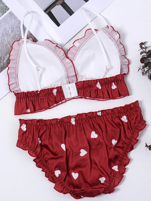 Love Heart Girls Women's Cute Bra & Panties Set Ruffles Trim Wirefree Milk Silk Soft Underwear Sleep Intimates Set Kawaii Lolita - CLICK TIK