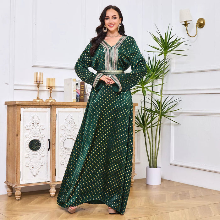 Middle East Women's Clothing Cross - Border New Arrival V Neck Dubai Robe Women's Large Swing Long Dress Bronzing A - line Skirt Yemen Dress - CLICK TIK