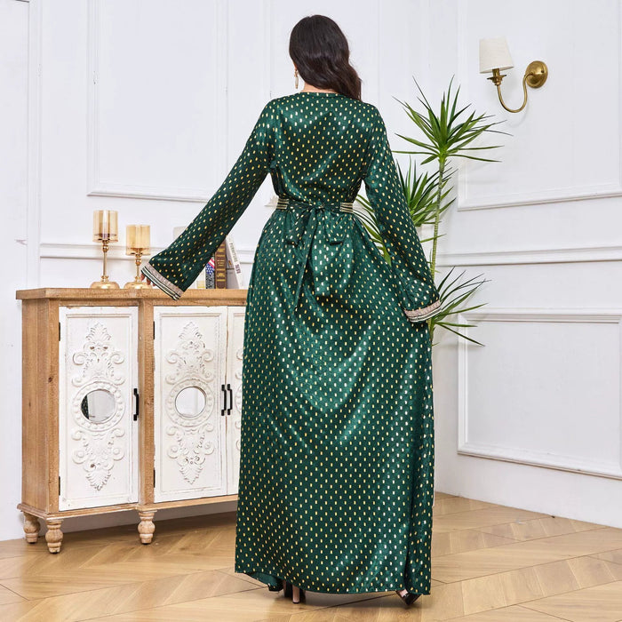Middle East Women's Clothing Cross - Border New Arrival V Neck Dubai Robe Women's Large Swing Long Dress Bronzing A - line Skirt Yemen Dress - CLICK TIK